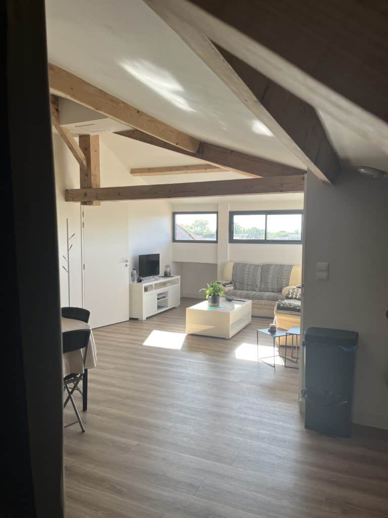 Vue intérieure de Les Voûtes de Villebourbon, espace chaleureux avec poutres en bois, salon lumineux et décoration moderne.